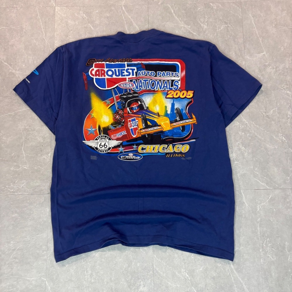 Mens Vintage 2005 NHRA Carquest Nationals Chicago T-Shirt Blue Large Gildan‎